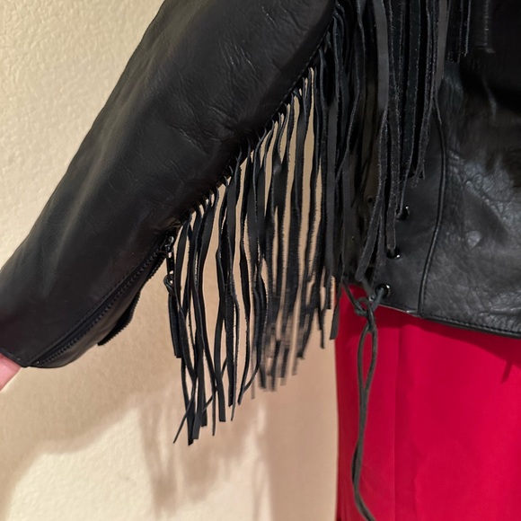 Black Fringe Leather Biker Jacket with Cut Out Rose Details - Picture 11 of 16